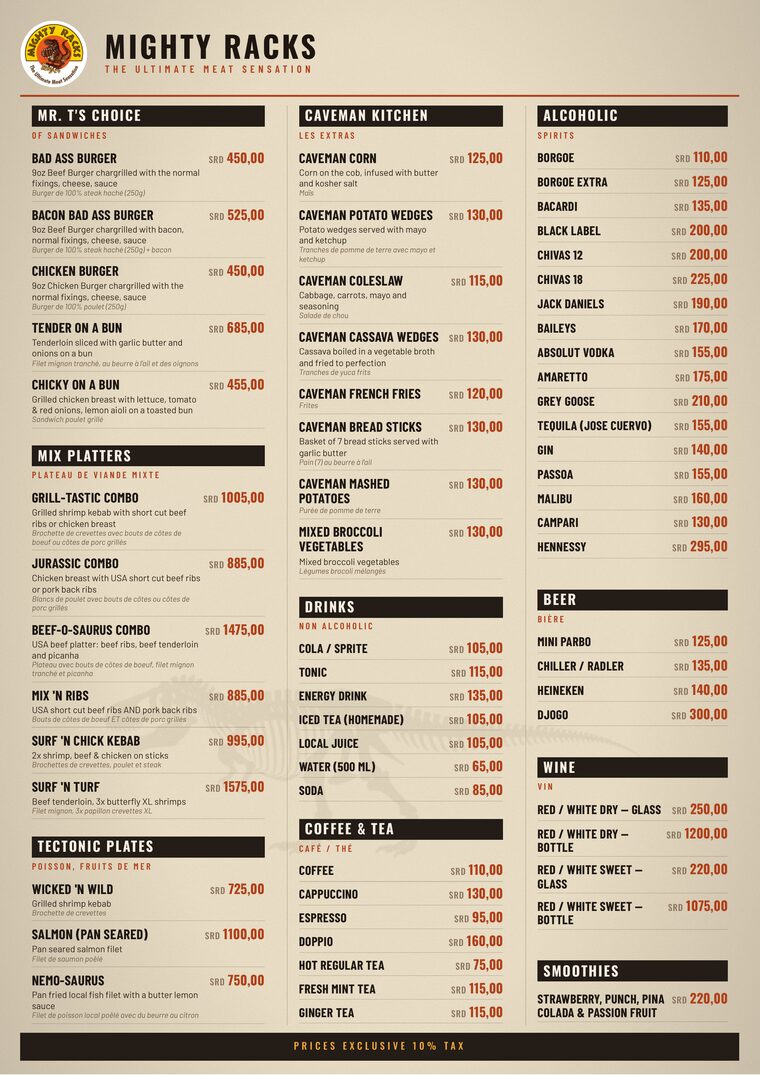 Menukaart pagina 1 — sandwiches, mix platters, extras, drinks