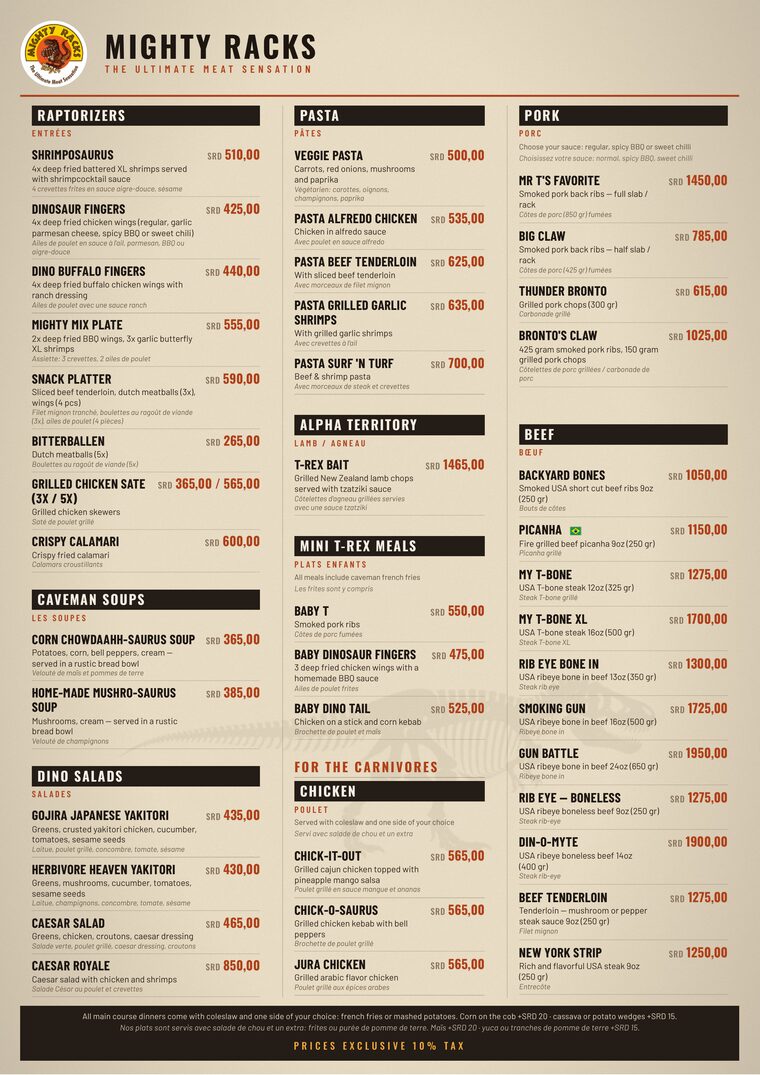 Menukaart pagina 2 — raptorizers, beef, pork, chicken